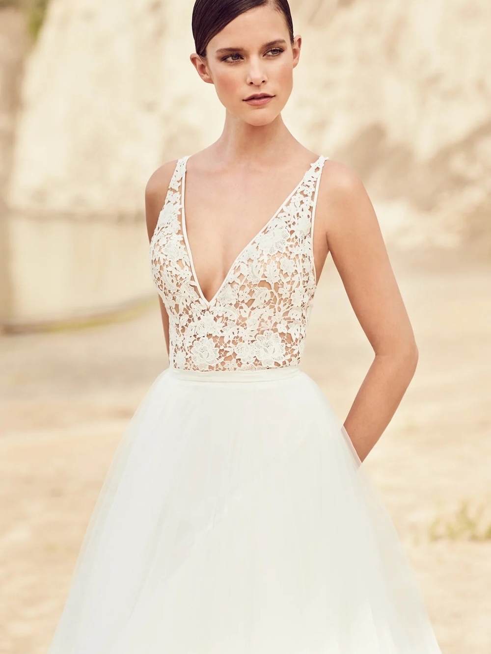Sleeveless V-Neck Lace Bodice White Wedding Dress